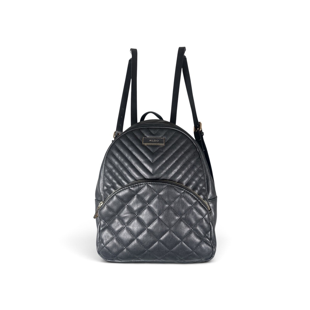 Aldo Black Quilted Mini Backpack Gold Hardware Chevron Diamond Faux Leather Bag